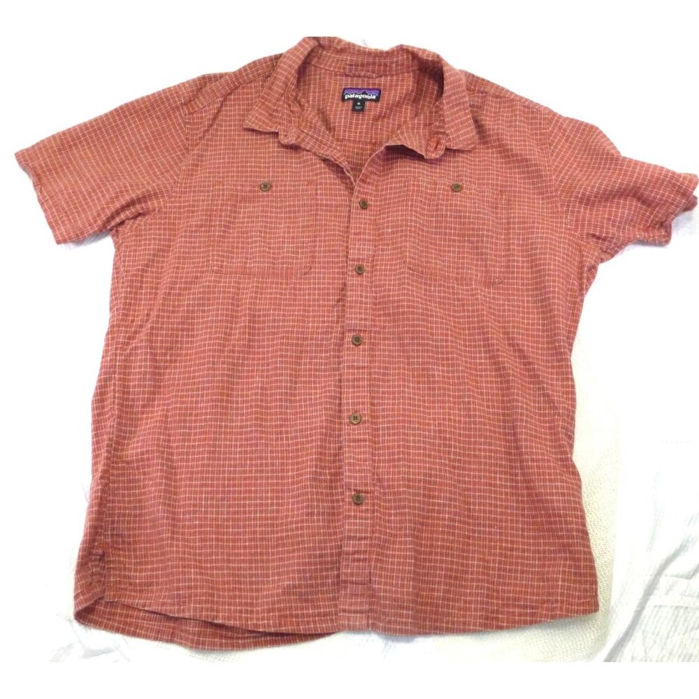 Patagonia Mens XL‎ Rust Plaid Short-Sleeve Button-Up Shirt Hemp/Organic Cotton